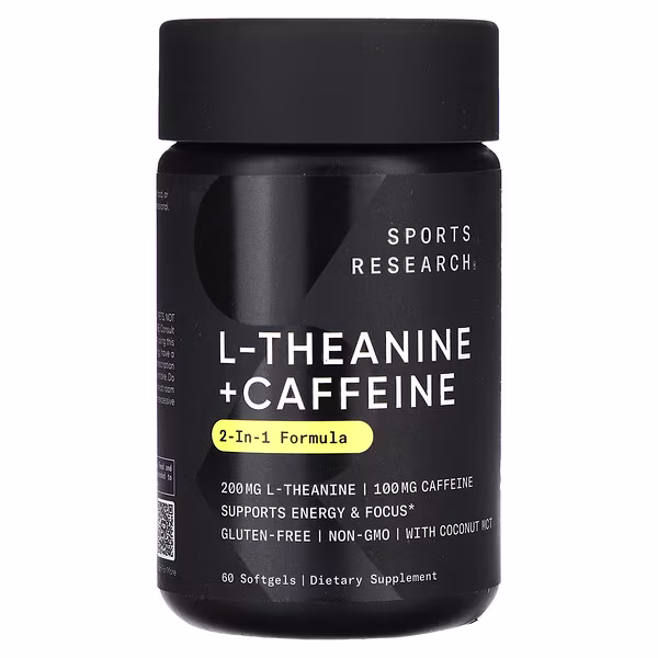 L-Theanine + Caffeine + MCT Oil (60 Softgels) | 60 x 60 Softgels (200mg+100mg+450mg) | Sports Research