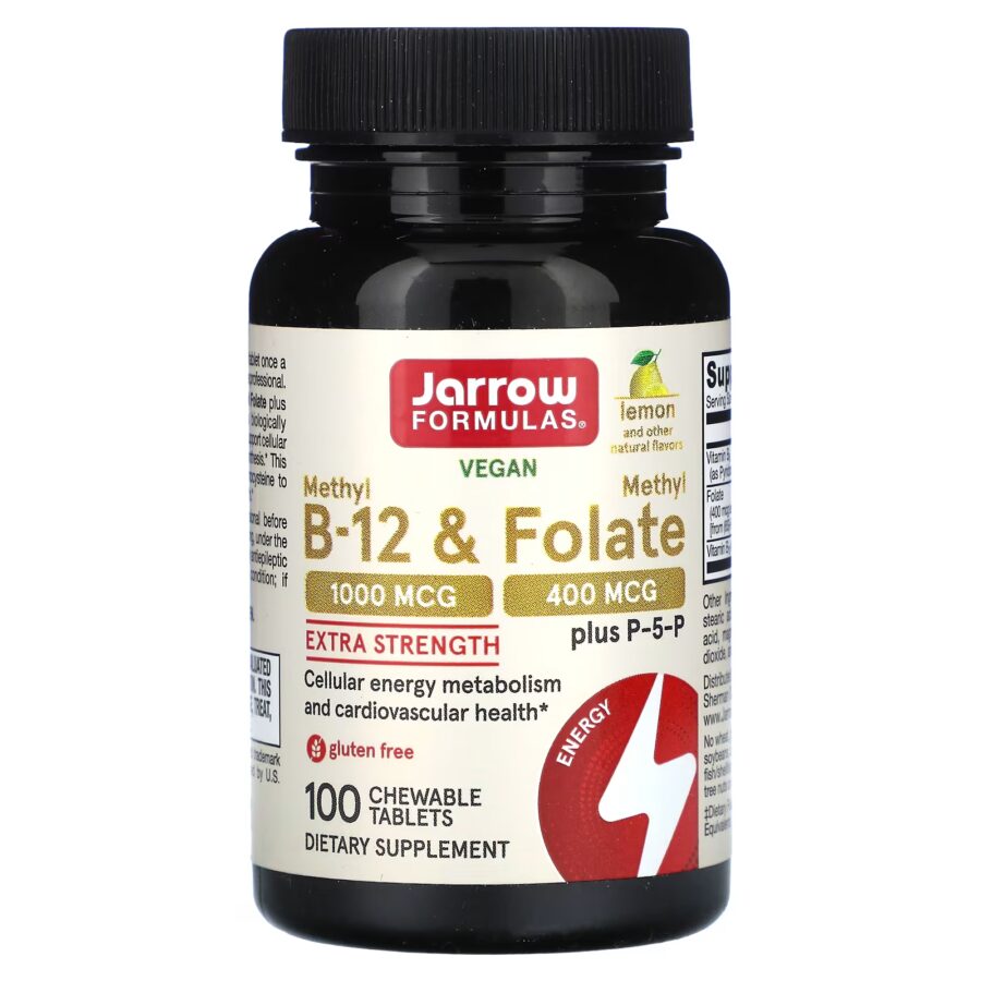 Methyl B-12 & Methyl Folate + P-5-P , Lemon | 100 x Chewable Tablets /1000mcg+400mcg | Jarrow Formulas