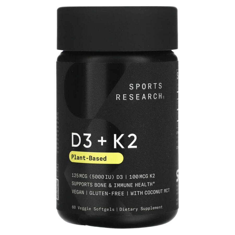 Vitamin D3 + K2-MK7 made with Coconut Oil | 60 x 5,000IU / 100mcg Softgels | Sports Research